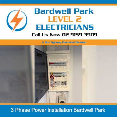 Open electrical switchboard with 3 phase circuit breakers and meter for power installation in Bardwell Park